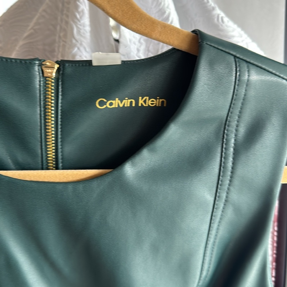Calvin Klein hunter green dress faux leather. gold zipper in back - Picture 3 of 7